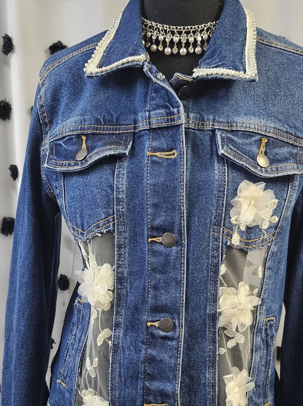 Universal Thread Blue Denim Jacket with Cream Floral Appliqués